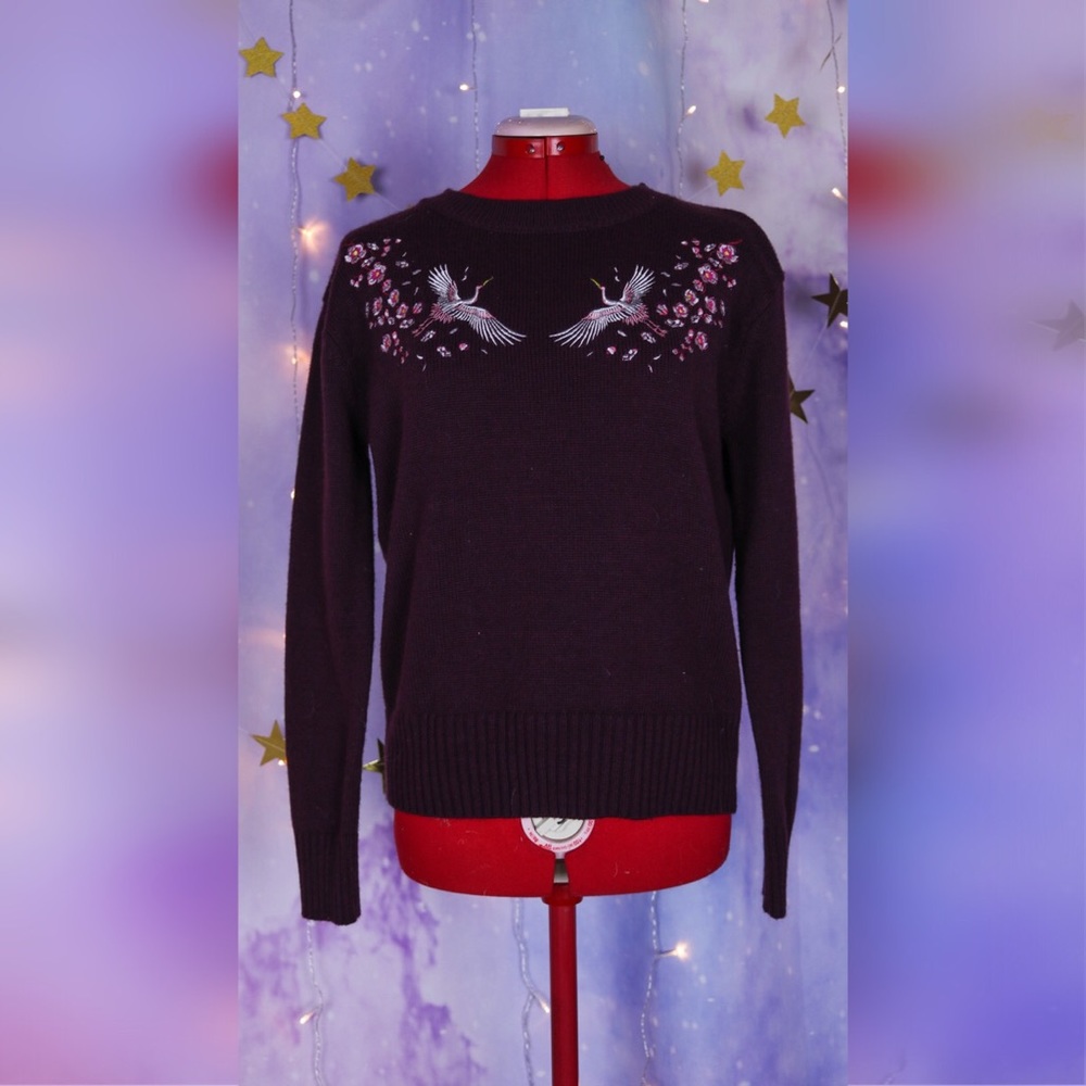 Burgundy sweater embroidered cherry blossom cranes